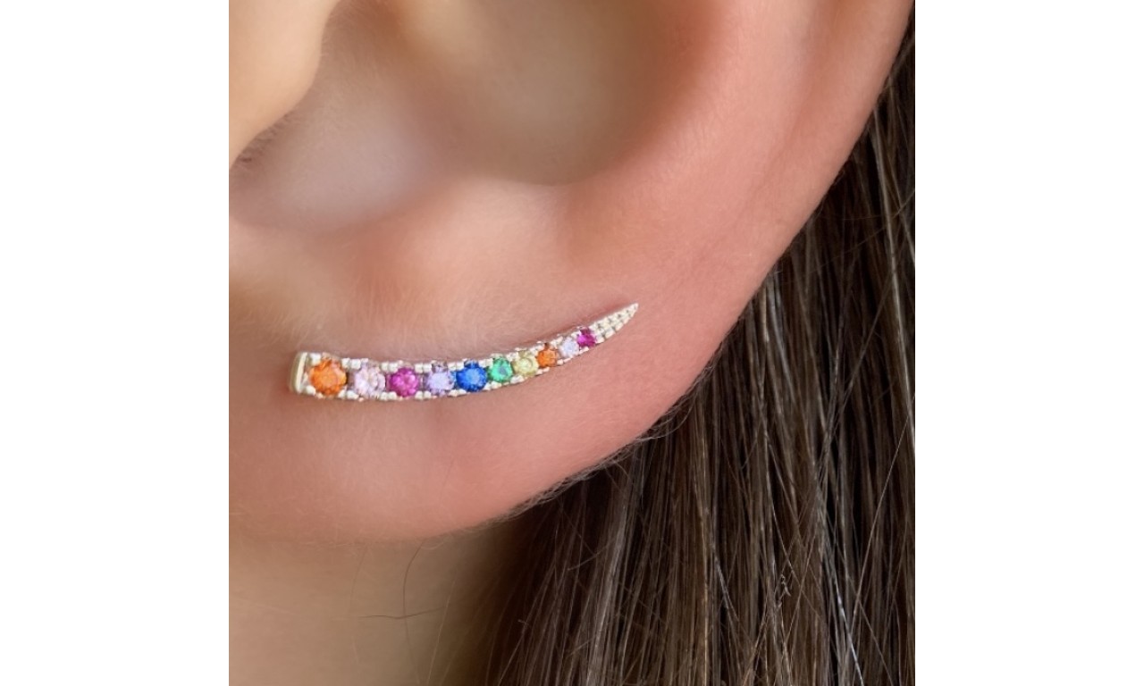 Brinco Ear Cuff Rainbow Ródio Branco.