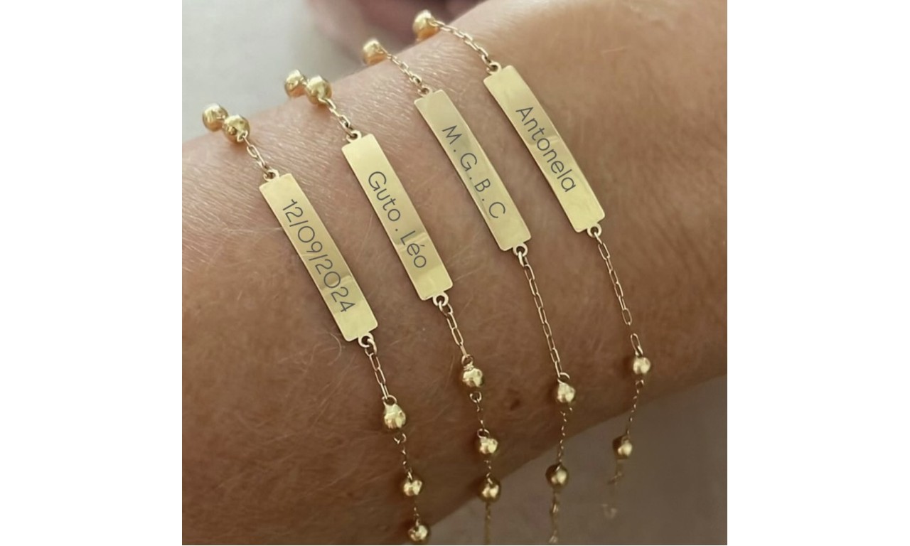 Pulseira Plaquinha Personalizada Banho de Ouro 18k